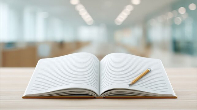 Open blank notebook with lined pages and a pencil on top in bright modern office setting.
