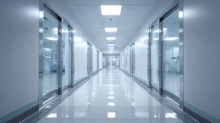 Fototapeta premium Modern sterile hospital corridor with glass doors and bright ceiling lighting.