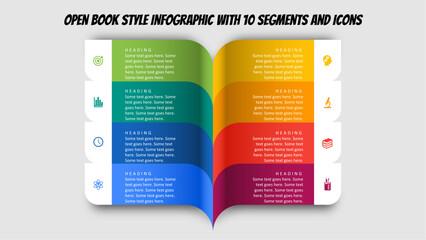 Open Book Style Infographic with 10 Segments and Icons. Fully editable modern infographic vector elements SVG file compatible with PowerPoint, Illustrator, and most vector-based applications.