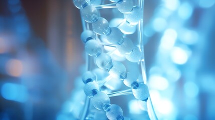 Closeup of a D N A Double Helix Model with Iridescent Light Blue Spheres and Translucent Strands Against a Blurred Blue Background