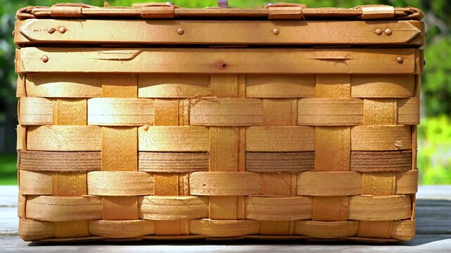 Front view of a tightly woven, closed wicker picnic basket on an outdoor table