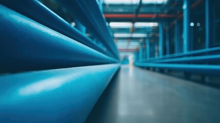 Fototapeta premium Modern industrial warehouse with blue structural beams and wide walkway.