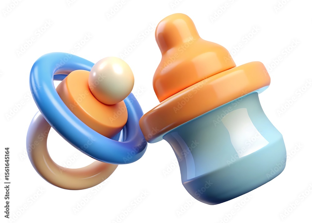 Fototapete stylized 3d rendering of a baby pacifier and feeding bottle with a smooth glossy finish on a white b