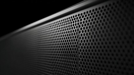 Close-up of a modern black speaker grille with perforated metal surface design.