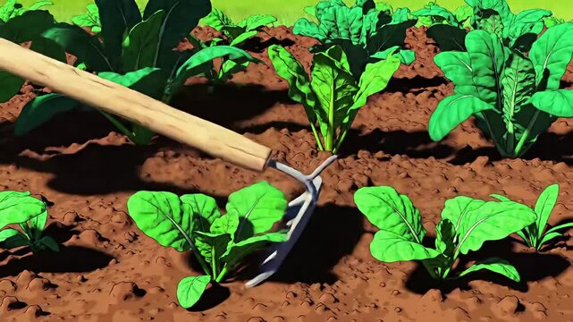 Cartoonish vegetable garden with a hoe tending rows of leafy green plants in brown soil