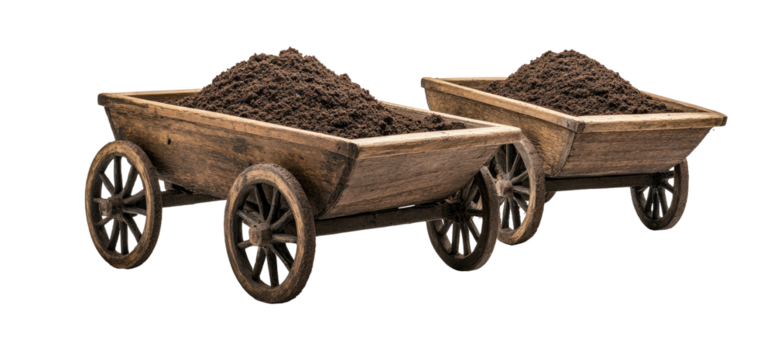 Two wooden farm carts loaded with dark soil