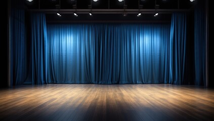 Blue stage curtains drawn closed on a wooden floor, illuminated by overhead spotlights in a theater or auditorium setting.