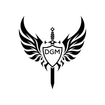DGM "Warrior Shield and Sword Emblem with Wings Logo," DGM Later Logo, "Black Tribal Winged Sword Crest Vector," "Heraldic Emblem with Wings, Sword, and Shield,"
