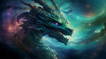 Teal Green Dragon Head Profile Against Cosmic Nebula Background Purple Pink Orange Stars Glowing Eyes Fantasy Art
