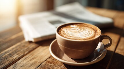 Warm coffee cup with frothy latte art on a rustic wooden table next to a newspaper.