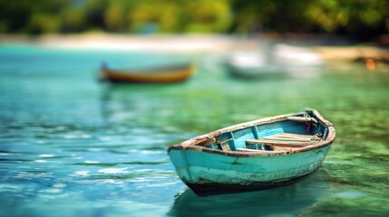 Fototapeta premium Tranquil Teal Boat on Tropical Shore