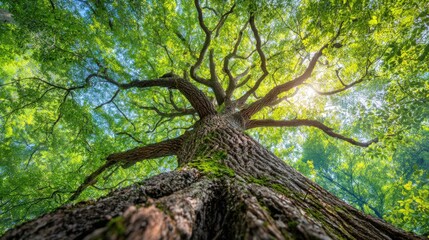 Fototapeta premium Tall ancient tree with sprawling branches reaching toward the bright sunny sky.