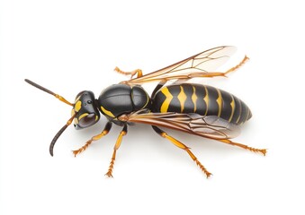Close-up of a wasp, black and yellow striped body, translucent wings, on a white background