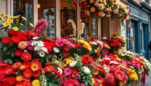 Vibrant Parisian flower shop window display, overflowing blooms, flower shop, french
