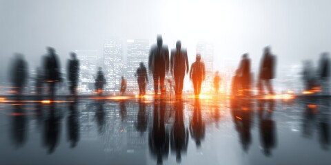 Fototapeta premium Vast group of diverse people standing in silhouette overlooking city skyline at sunset.