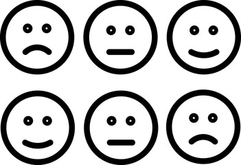 Sad face, neutral face, and happy face emoticons in black outline, arranged in two rows, simple style, expressing different emotions, suitable for mood tracking or feedback forms