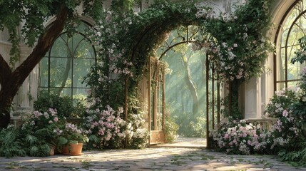 Obraz premium Lush green trellis with delicate flowers in a sunlit Grecian garden background, vibrant nature scene with flowing plants and bright sunlight filtering through