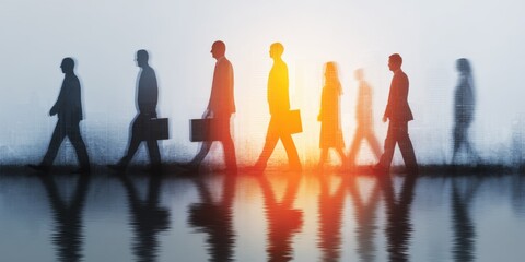 Business People Walking in Silhouette with Reflection on Water During Sunrise.