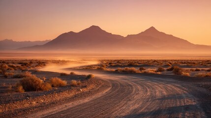 Breathtaking desert landscape with winding dirt road mountains and sunset sky.