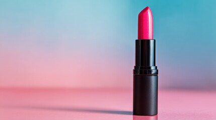 Obraz premium Vibrant Pink Lipstick Standing Upright on Bright Colorful Background for Cosmetics.