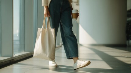 Casual person walking in modern airport terminal holding coffee and bag.