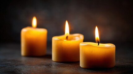 Three lit yellow candles arranged in a row with warm glow on dark background.