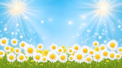 Fototapeta premium Vibrant Summer Daisies Meadow Sunny Sky Background