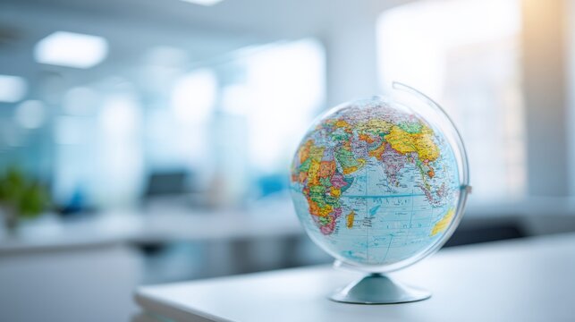 Colorful world globe on white desk in modern bright office environment scene.
