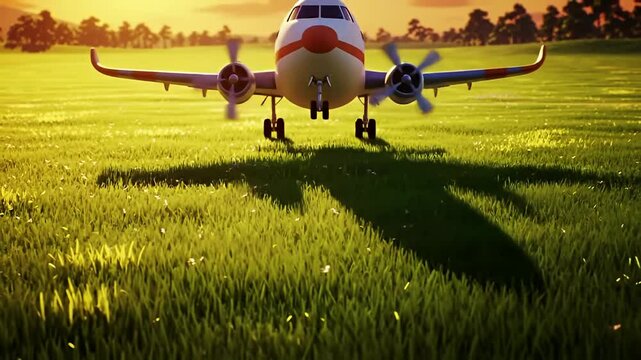 Low angle view of a cartoon-like prop plane on a grassy field bathed in warm sunlight