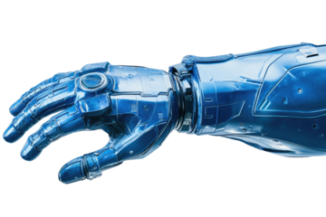 High-tech, chrome-blue robotic hand reaching out