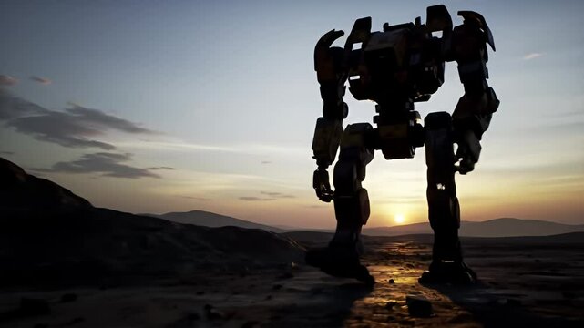 Robot standing in a desolate landscape at sunset
