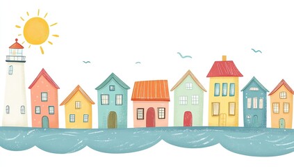 Pastel-colored houses line a waterfront, with a lighthouse and sun