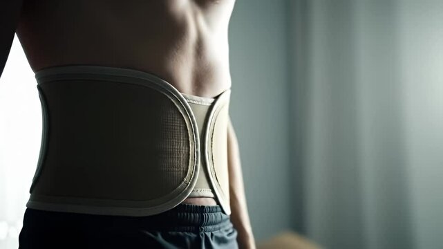 Torso of a person wearing a back brace, against a soft, diffused light background