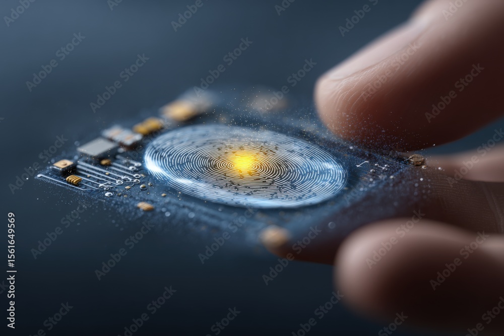 Poster close-up of a tiny electronic circuit circuit board with glowing illuminated central element.