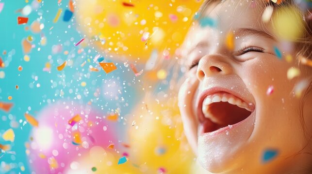 confetti balloon colourful Children laughing and playing amidst a shower of confetti and floating balloons, joyful and playful scene.