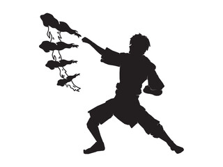 Action figure draws and controls fire from his hand. Silhouette vector illustration