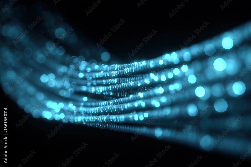 Poster Abstract digital data stream of glowing blue particles flowing through dark background.