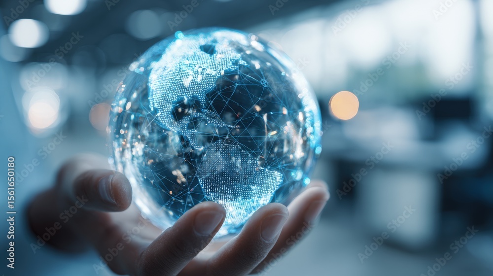 Aufkleber Futuristic digital globe with interconnected world map and data network visual.