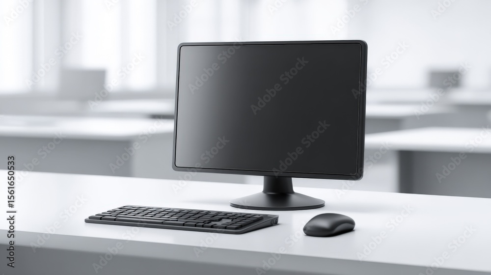 Poster Modern computer setup with monitor keyboard and mouse on clean office desk.