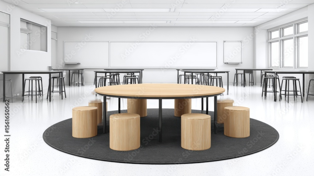 Poster bright modern classroom with central round table wooden stools and large whiteboards.