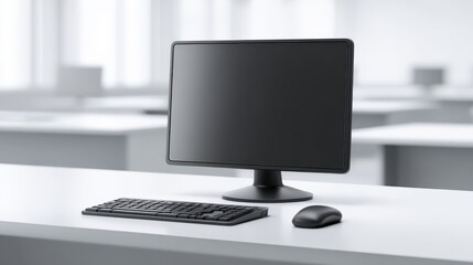 Modern computer setup with monitor keyboard and mouse on clean office desk.