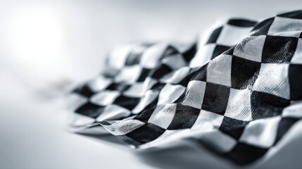 Close-up of a crumpled black and white checkered racing flag fabric with detailed pattern.