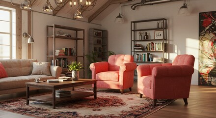 Sunlit Living Room with Coral Armchairs and Vintage Bookshelves