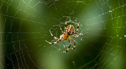 Obraz premium Close-up of Spider on Intricate Web with Dark Background