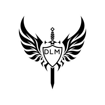 DLM "Warrior Shield and Sword Emblem with Wings Logo," DLM Later Logo, "Black Tribal Winged Sword Crest Vector," "Heraldic Emblem with Wings, Sword, and Shield,"
