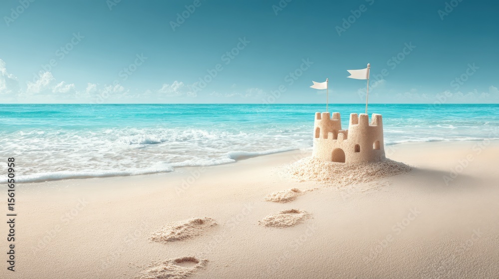 Poster sunset beach scene with sandcastle tower and gentle waves under clear sky.