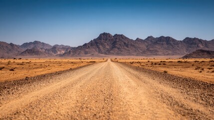 Naklejka premium Wide dirt road stretching through arid desert landscape with mountain range in distance.