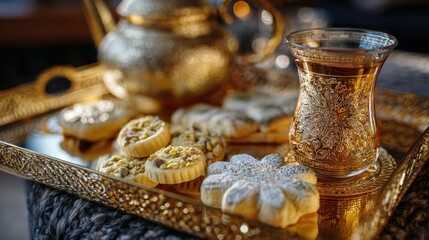 Elegant traditional tea setup with ornate glass cup and assorted cookies on decorative tray.