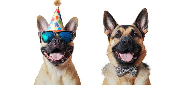 Two dogs, a French bulldog and a German Shepherd, wearing party hats and sunglasses, look happy