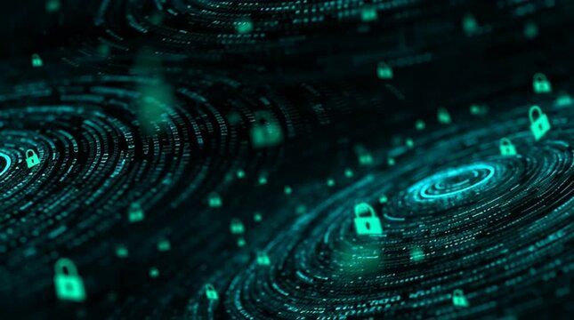 Abstract digital security network with glowing padlock icons｜cybersecurity, data, protection, technology, network

